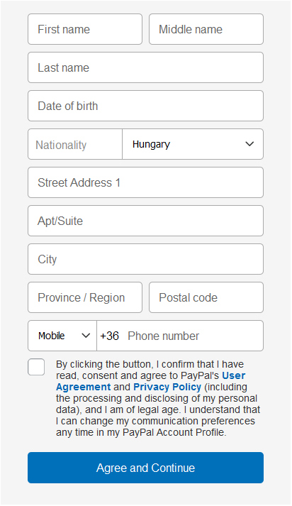 PayPal regisztráció 4. lépés